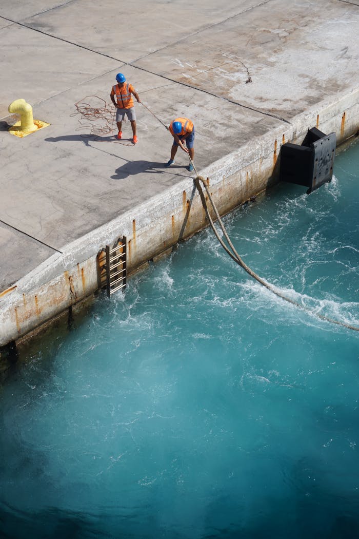 Two workers operate ropes at the dockside overseeing waterfront activity.